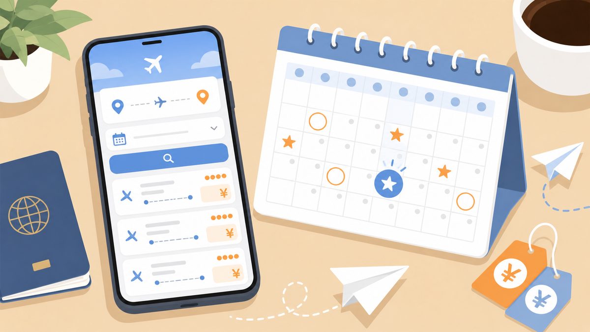 航空券をスマホ・カレンダーで比較するイメージ