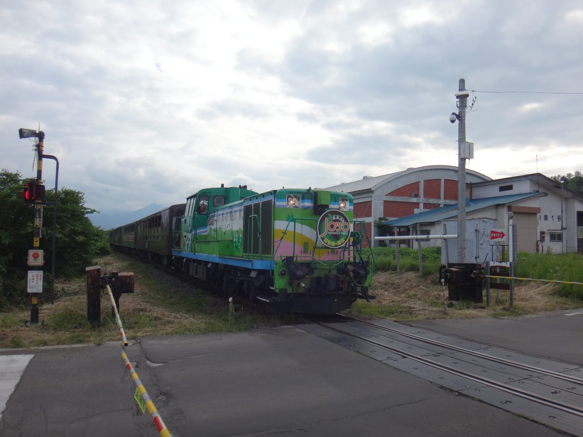 ラベンダー畑の横を走る富良野・美瑛ノロッコ号の全景