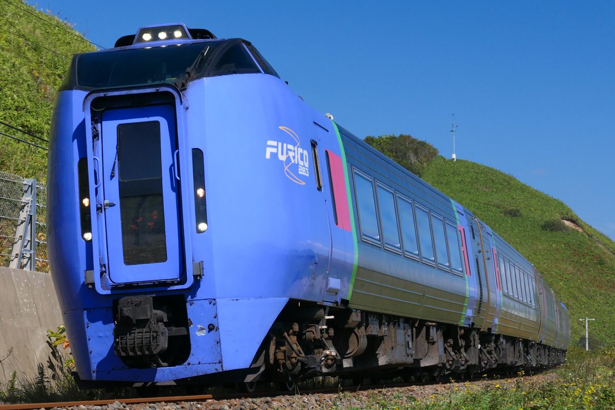 北海道の広大な直線区間を走る特急列車。距離の長さが伝わる構図