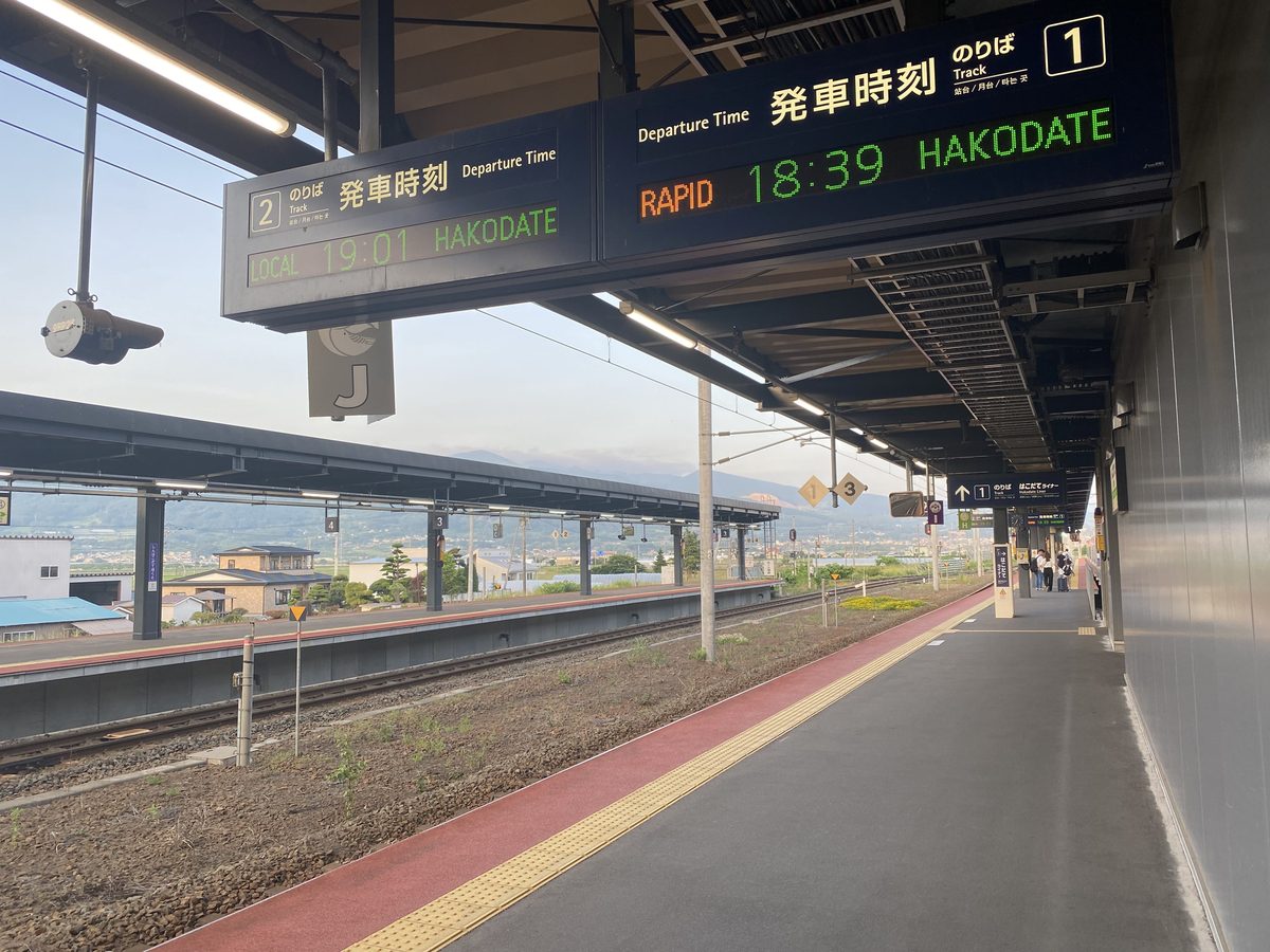 駅ホームで列車を待つ一人旅の旅行者(後ろ姿・横位置)