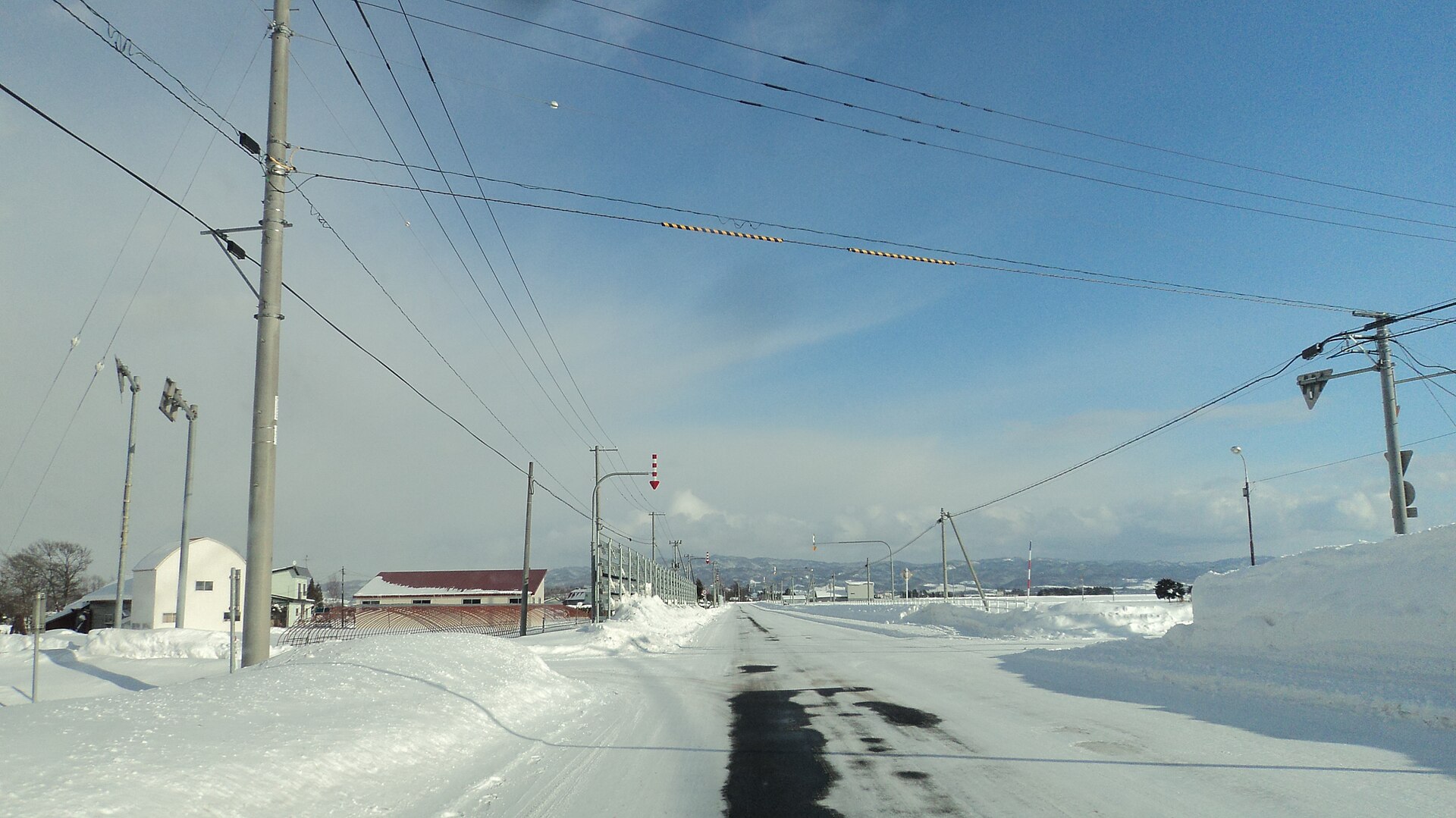 圧雪の路面が続く冬の北海道の郊外道路。路肩に赤白の矢羽根(視線誘導標)が立つ
