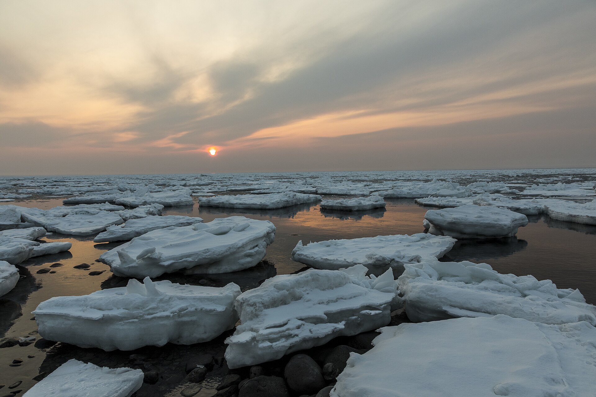 夕暮れのオホーツク海沿岸に打ち上げられた流氷。岸辺に大小の氷塊が並び、水平線まで氷が続いている