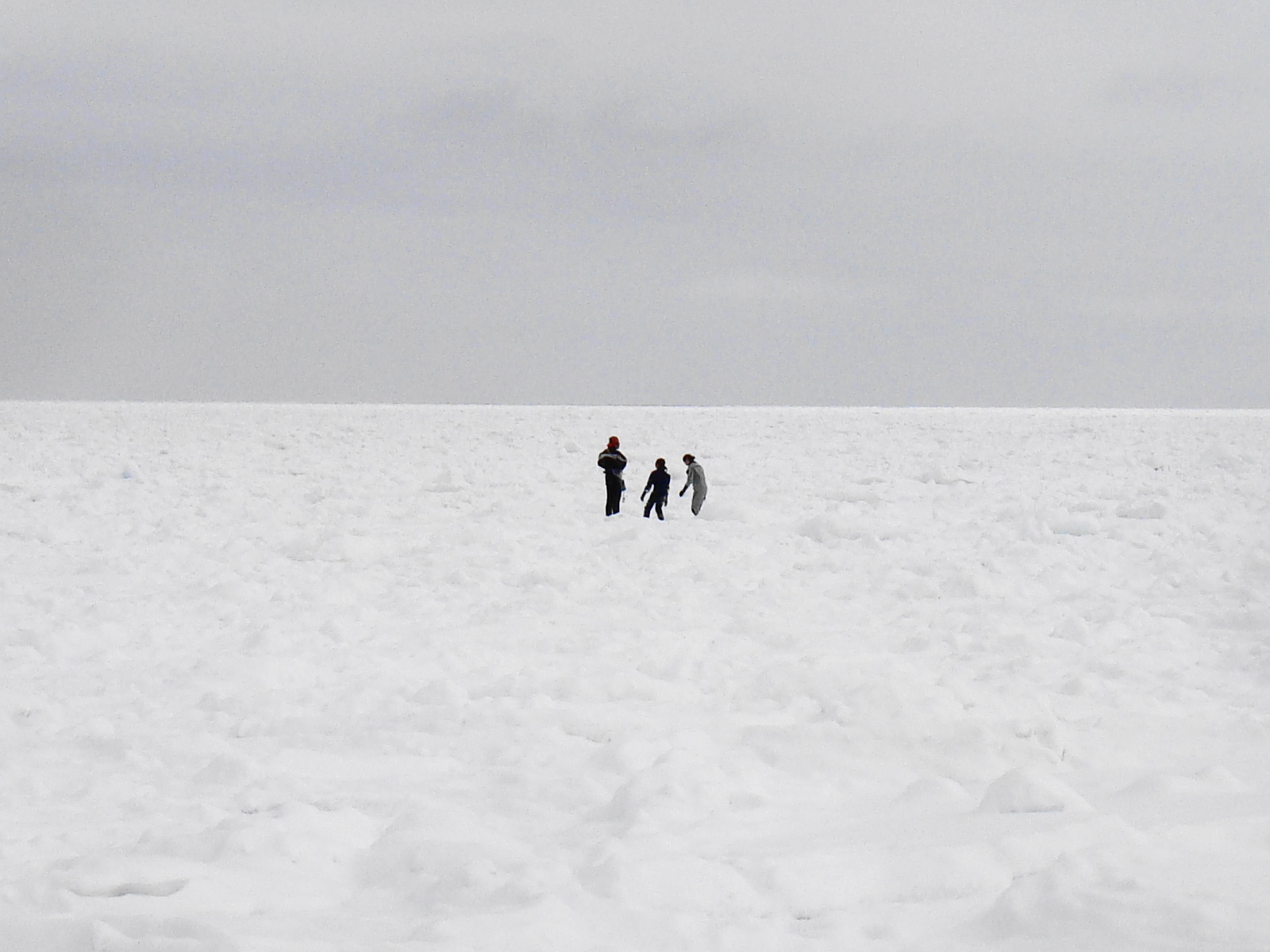 雪をかぶった流氷が水平線まで続く海の上を、3人が歩いている