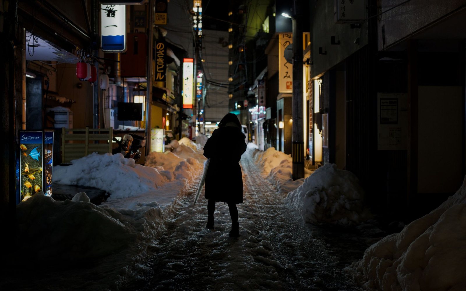 街灯に照らされた圧雪の路地を、防寒着姿の人が歩いている夜の風景（イメージ）