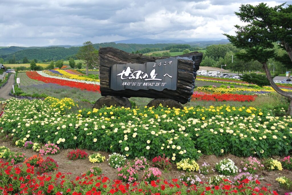 「ぜるぶの丘」の看板と色とりどりの花畑