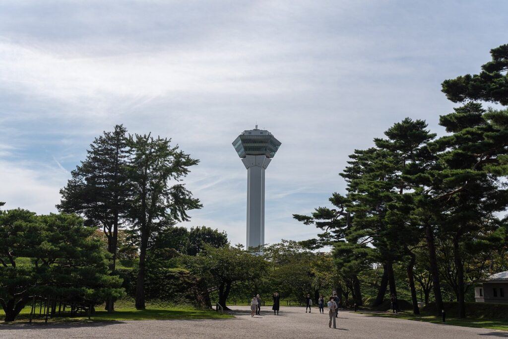 五稜郭公園の松林の向こうに立つ五稜郭タワー