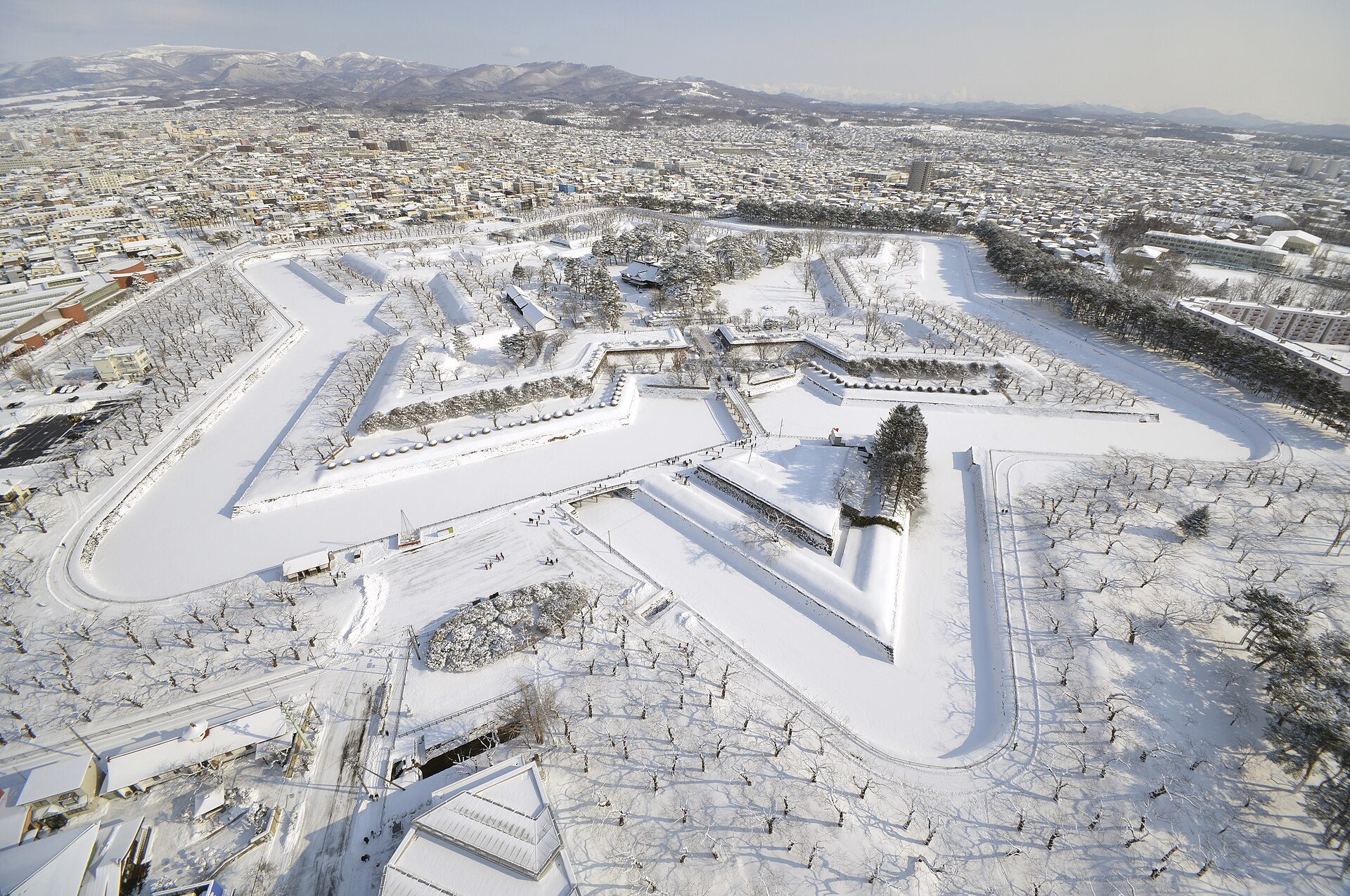 雪に覆われた星形の五稜郭を高い位置から見下ろした冬の景色