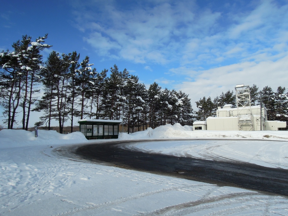 青空の下、除雪された雪に囲まれた札幌市内のバス停の待合所