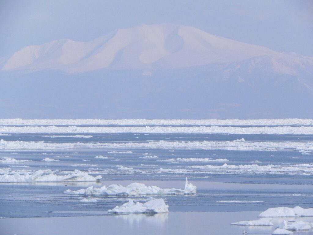 流氷が浮かぶ冬の知床の海と雪をかぶった山