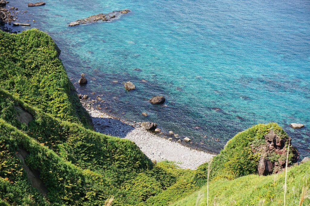 緑の斜面の下に広がる透明度の高い青い海と白い浜