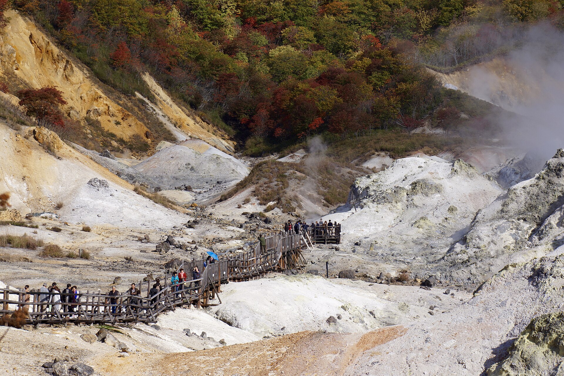 白い岩肌から噴気が上がる登別地獄谷と、谷を巡る木道を歩く観光客