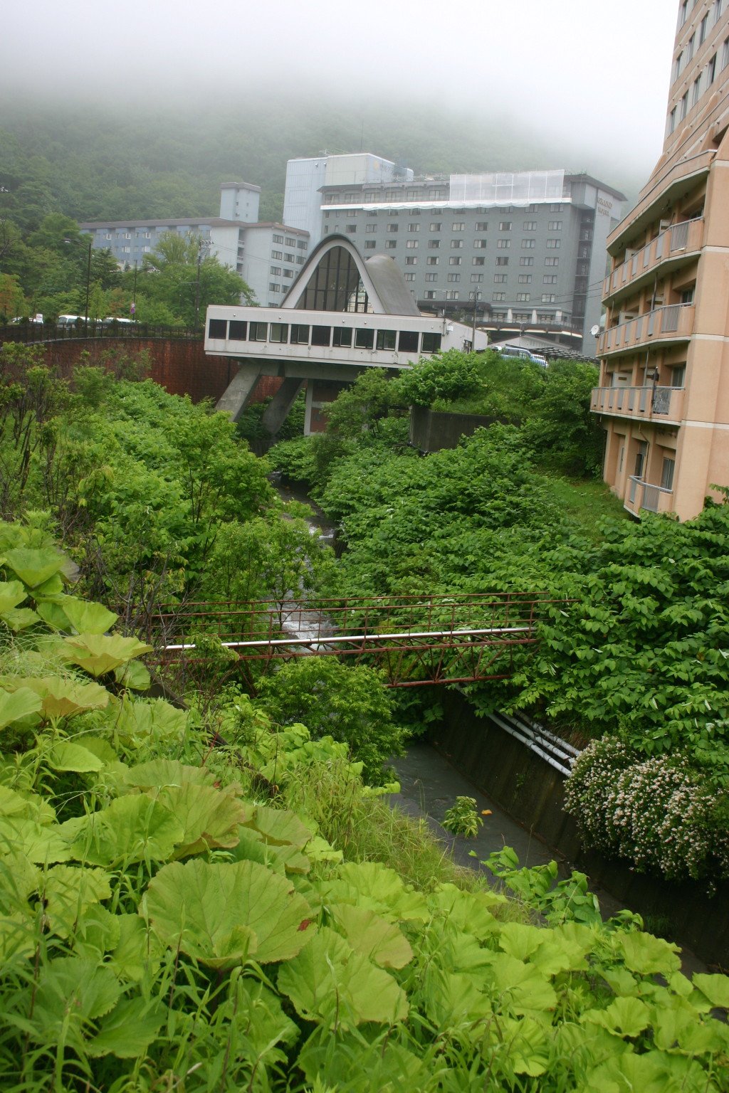 霧のかかった山を背に、緑に覆われたクスリサンベツ川の谷と周囲に建つ大きな建物(登別温泉)