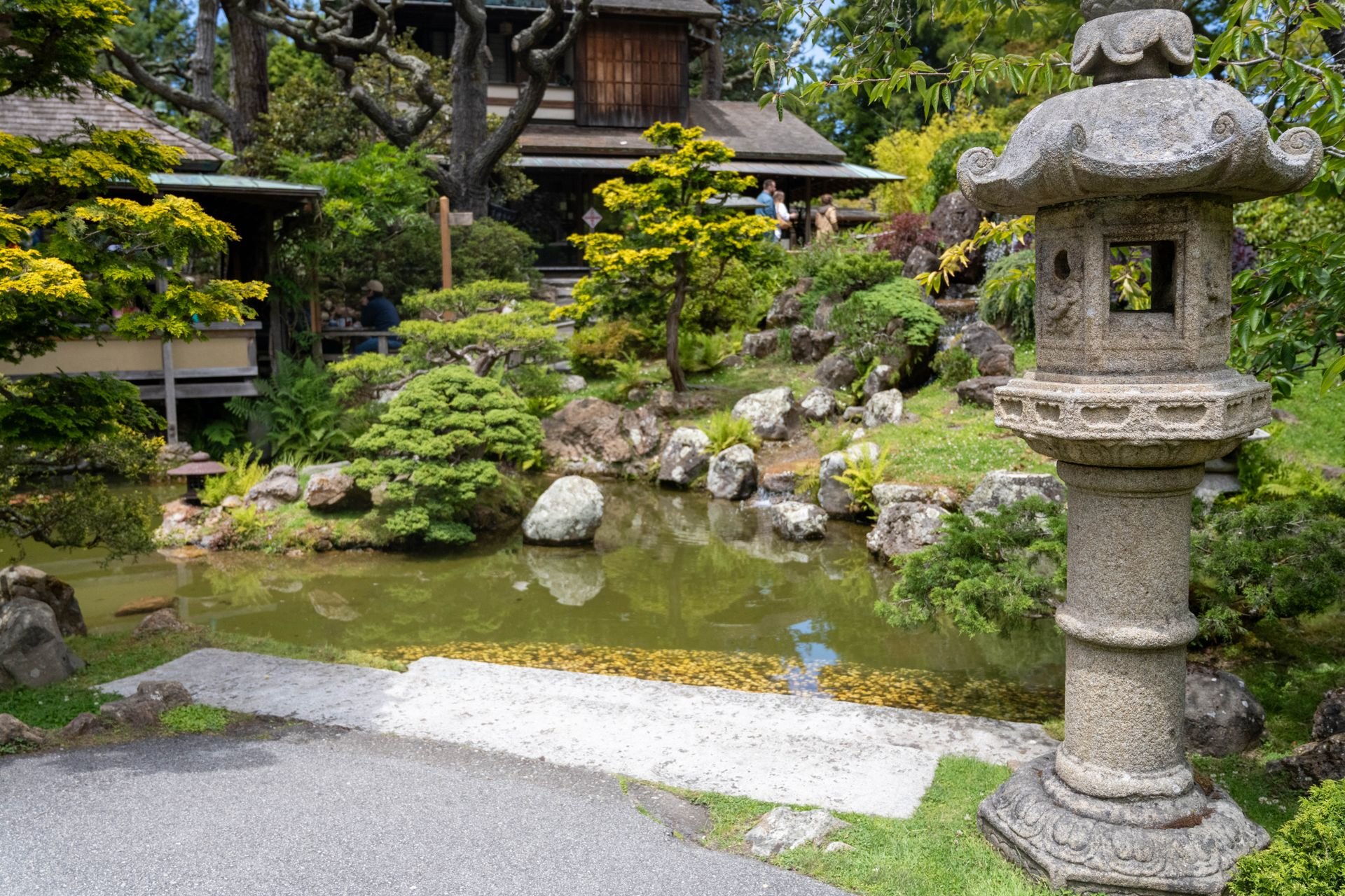 石灯籠と池、刈り込まれた植木のある日本庭園(イメージ)