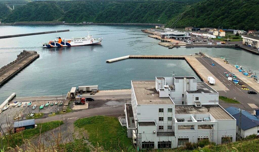 ペシ岬から見下ろす利尻島・鴛泊港とフェリーターミナル、停泊中のフェリー